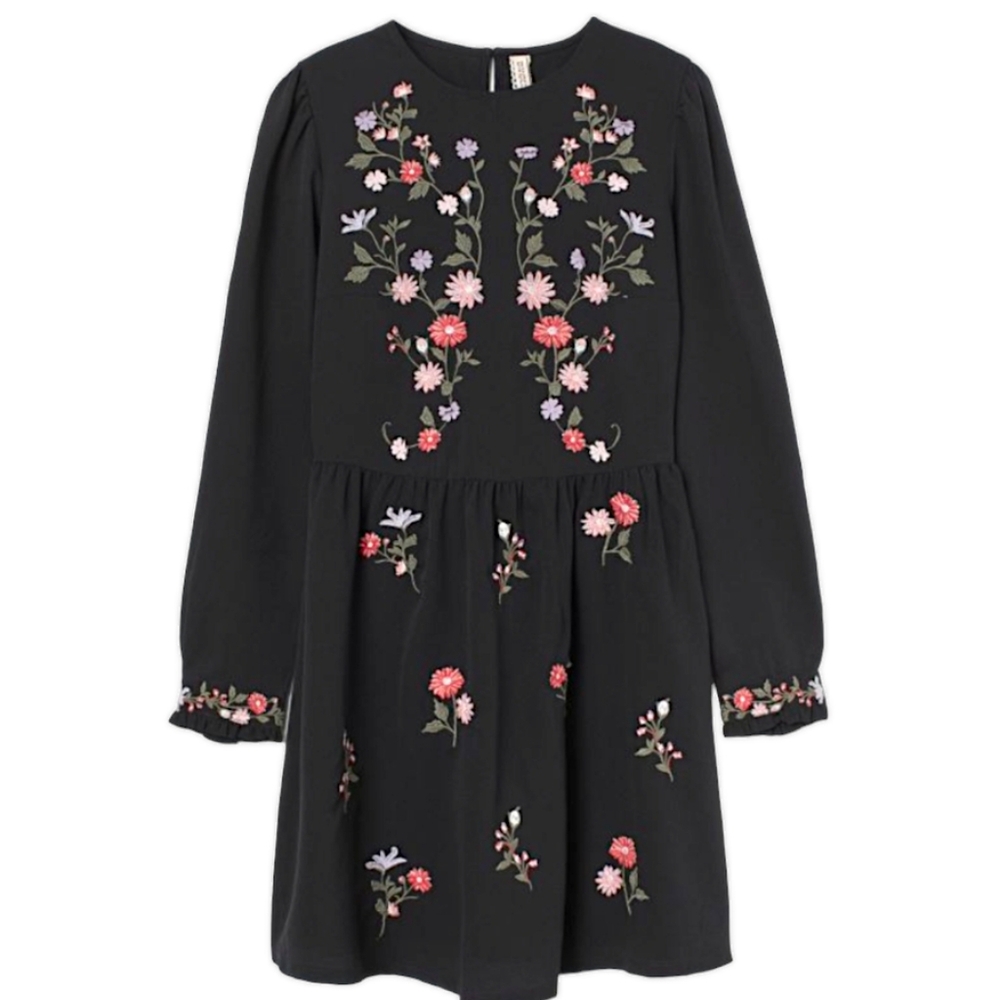 Embroidered H&M Divided Mini M Dress, Floral Loose Baby Doll Shift, Black Midi - Picture 2 of 16
